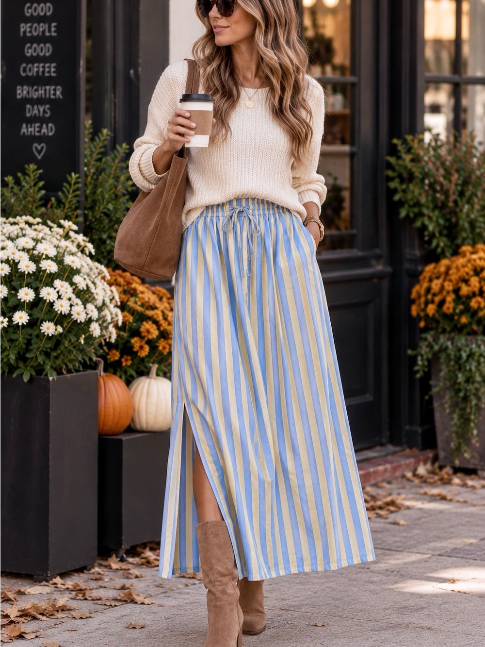 Universal Thread Blue & Pale Yellow Striped Maxi Skirt M Cotton Coastal Beach